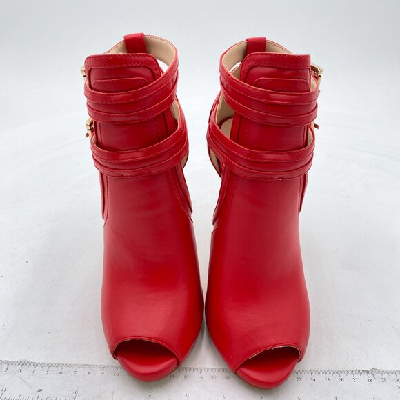 XYD Red Peep Toe Ankle Bootie High Heels Buckled Double Straps Cutout Party Shoe - Picture 3 of 8